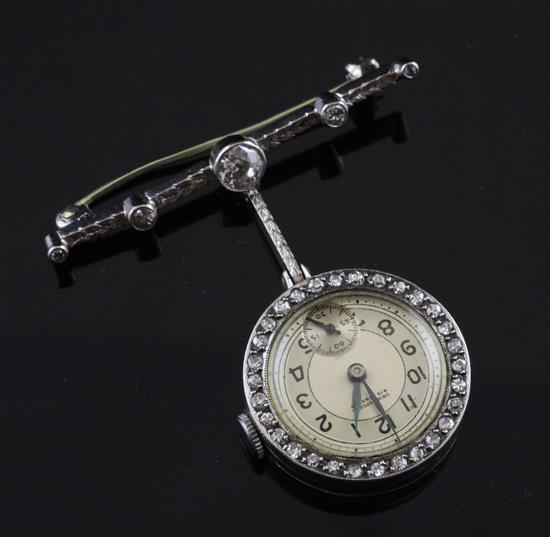 An 18ct gold and diamond set Union Special fob watch, brooch 1.5in.